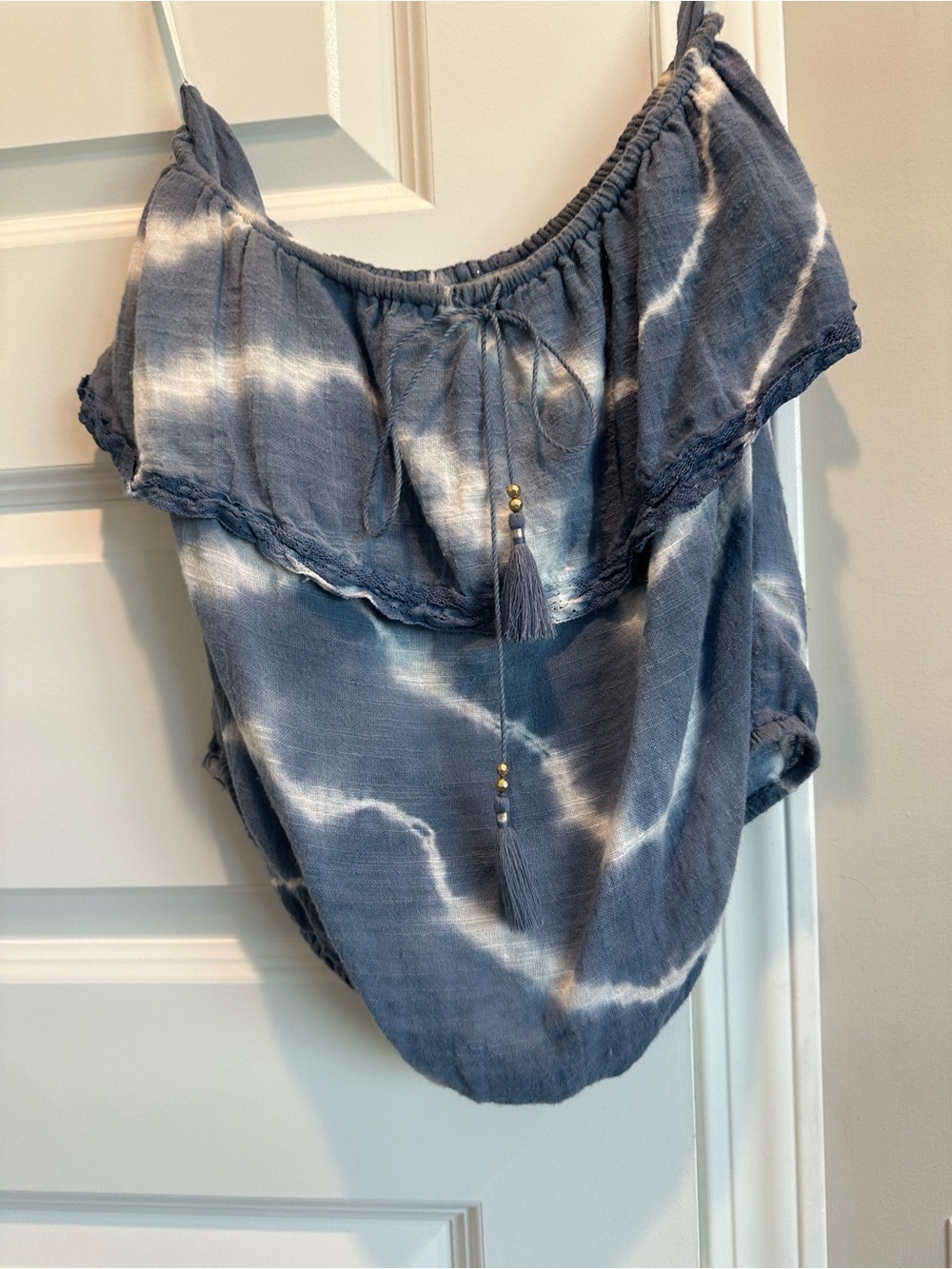 American Eagle Blue Tie-Dye Off-Shoulder Top with Tassel Detail